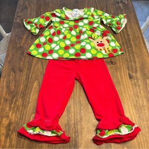 Christmas Reindeer Green and Red Polka Dot Kids Top and Pants Set